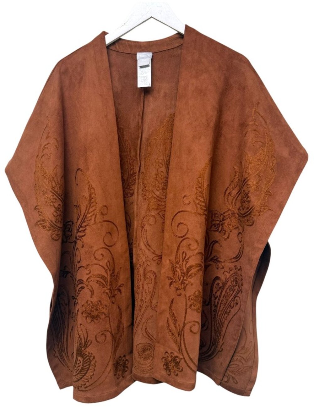 Chico's Embroidered Faux Suede Poncho Wrap S/M Rust Brown Boho Western Cape